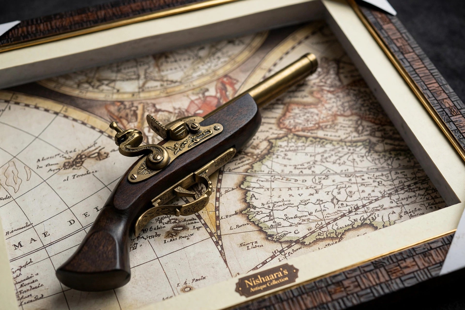 The Explorer’s Legacy – Vintage Map & Flintlock style Antique Pistol Wall Frame