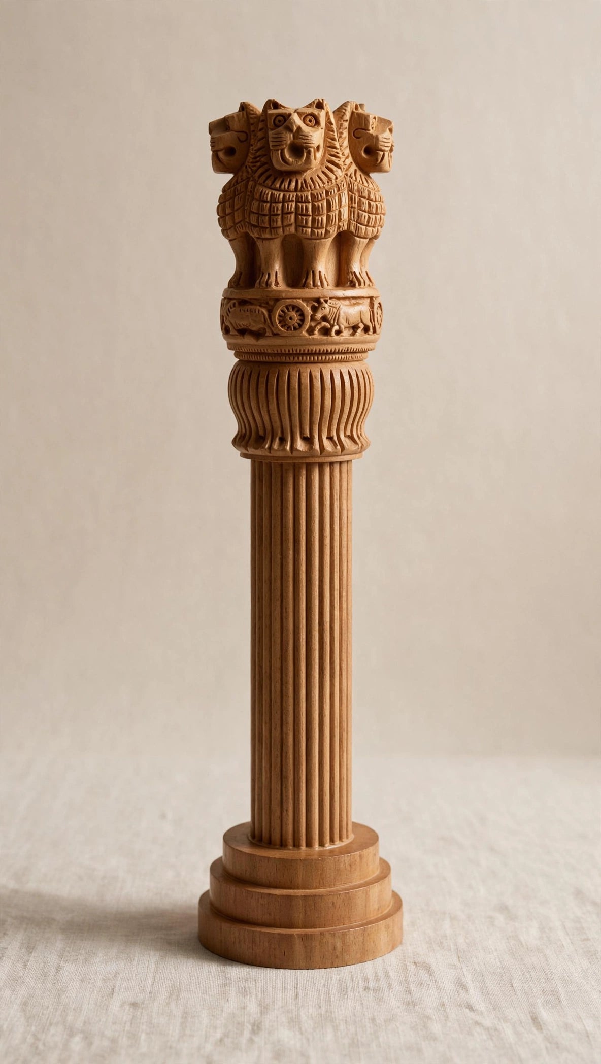 Ashoka Pillar – Lion Capital of Sarnath Wooden Emblem (Single-Piece Carved) – 12 Inch