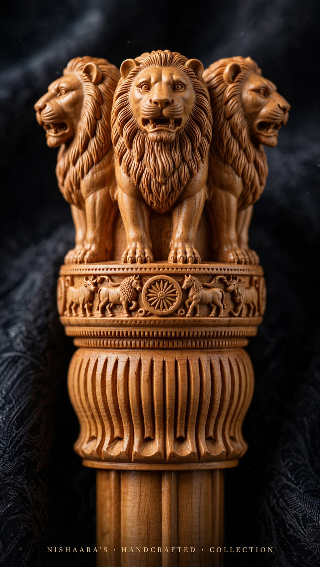 Ashoka Pillar – Lion Capital of Sarnath Wooden Emblem (Single-Piece Carved) – 12 Inch