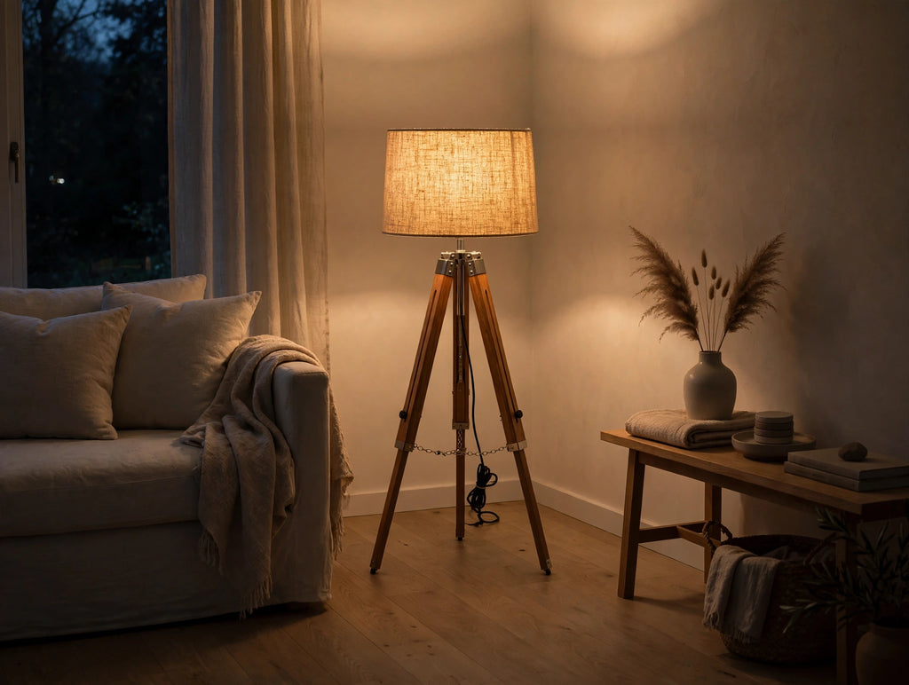 Nishaara’s Minimalist Tripod Floor Lamp with Linen Shade