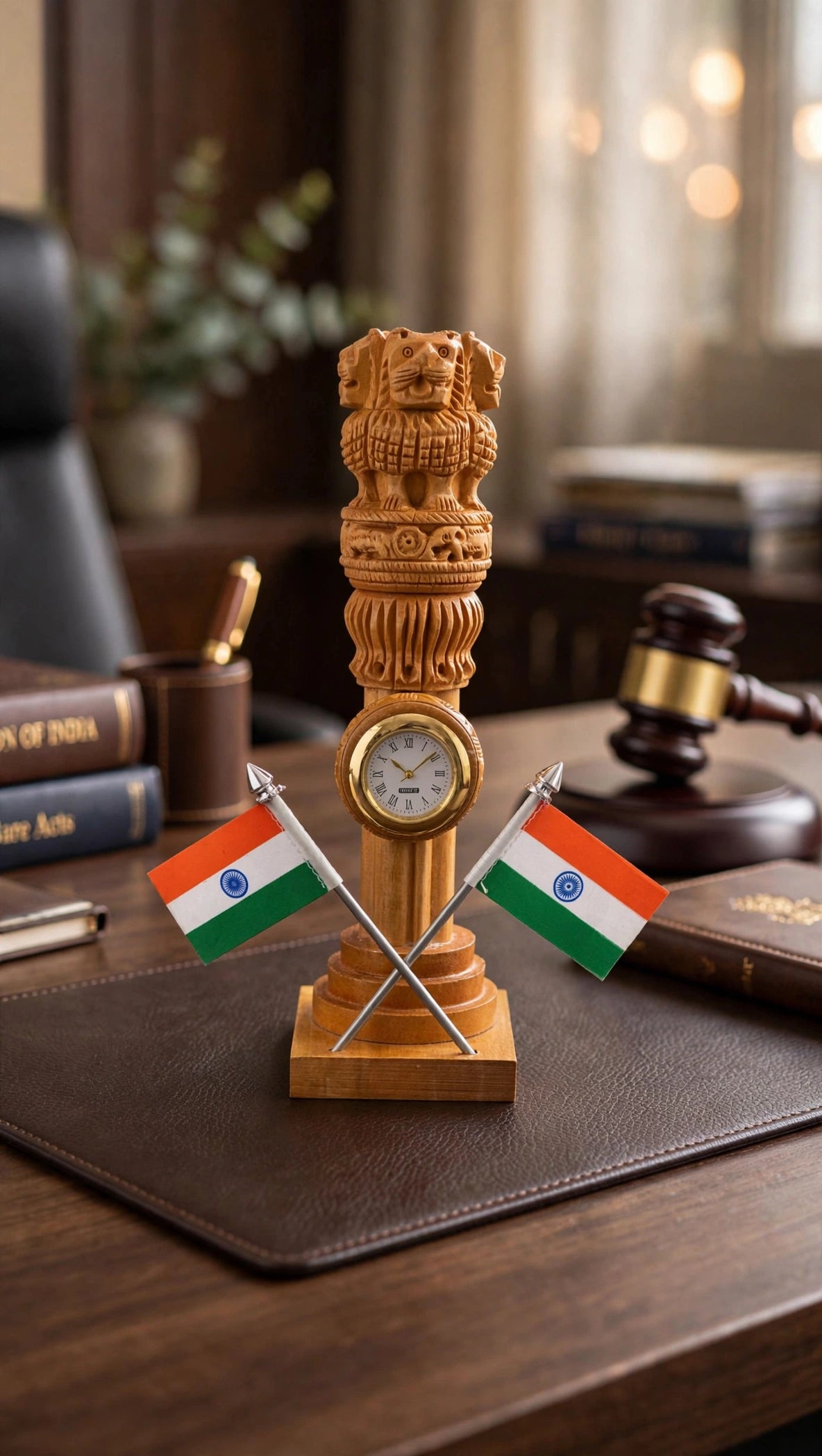 Nishaara’s Tiranga Gaurav – Ashoka Pillar Emblem with Quartz Clock & Dual Indian Flags