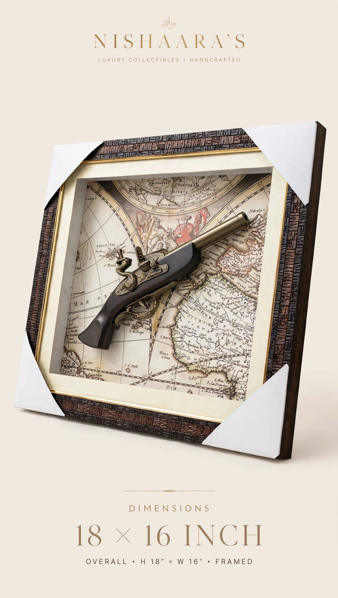 The Explorer’s Legacy – Vintage Map & Flintlock style Antique Pistol Wall Frame