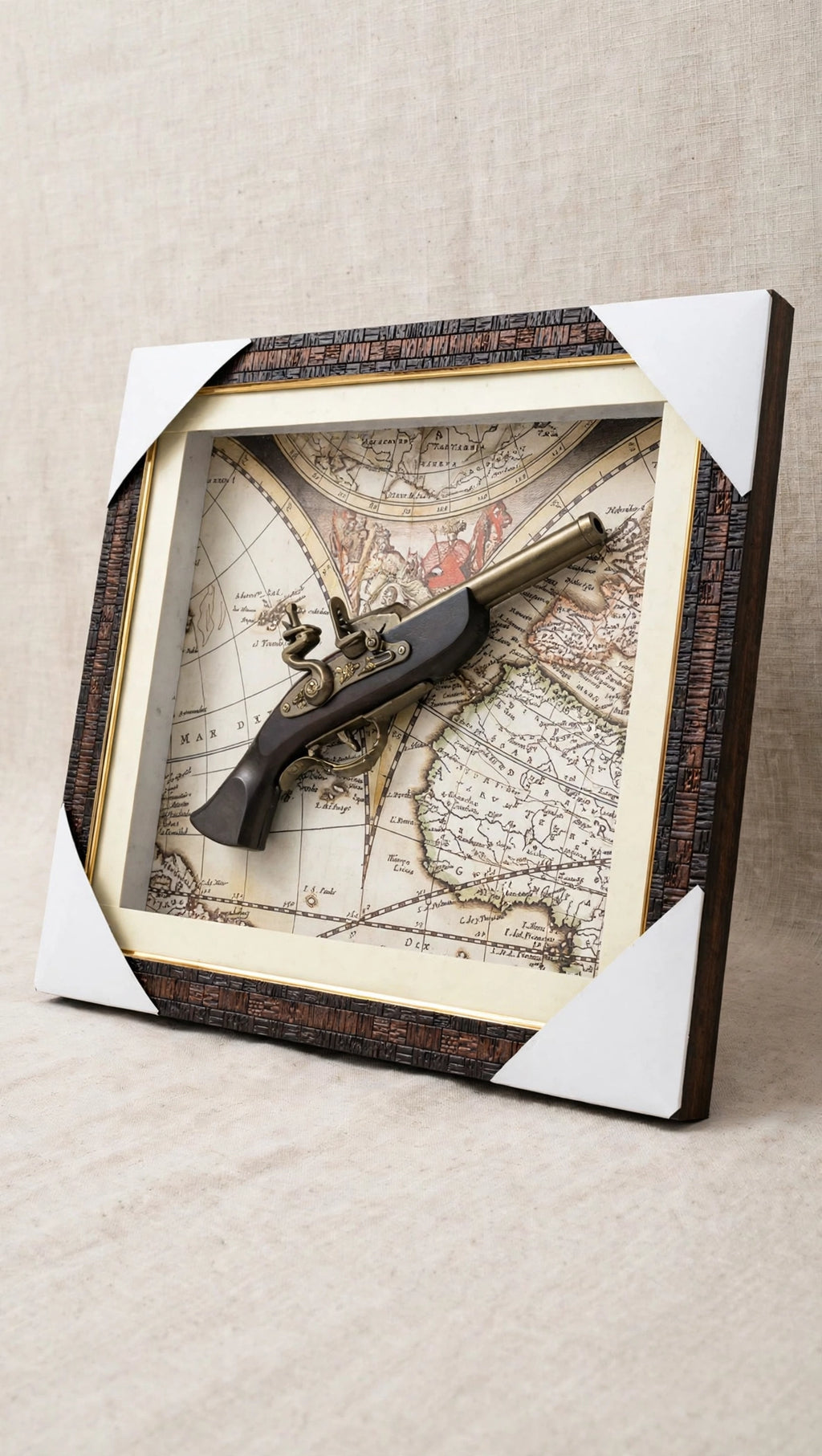 The Explorer’s Legacy – Vintage Map & Flintlock style Antique Pistol Wall Frame