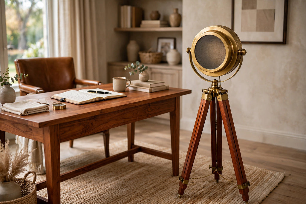 Nishaara's Maritime Heritage – Brass Nautical Spotlight Floor Lamp on Teak Tripod