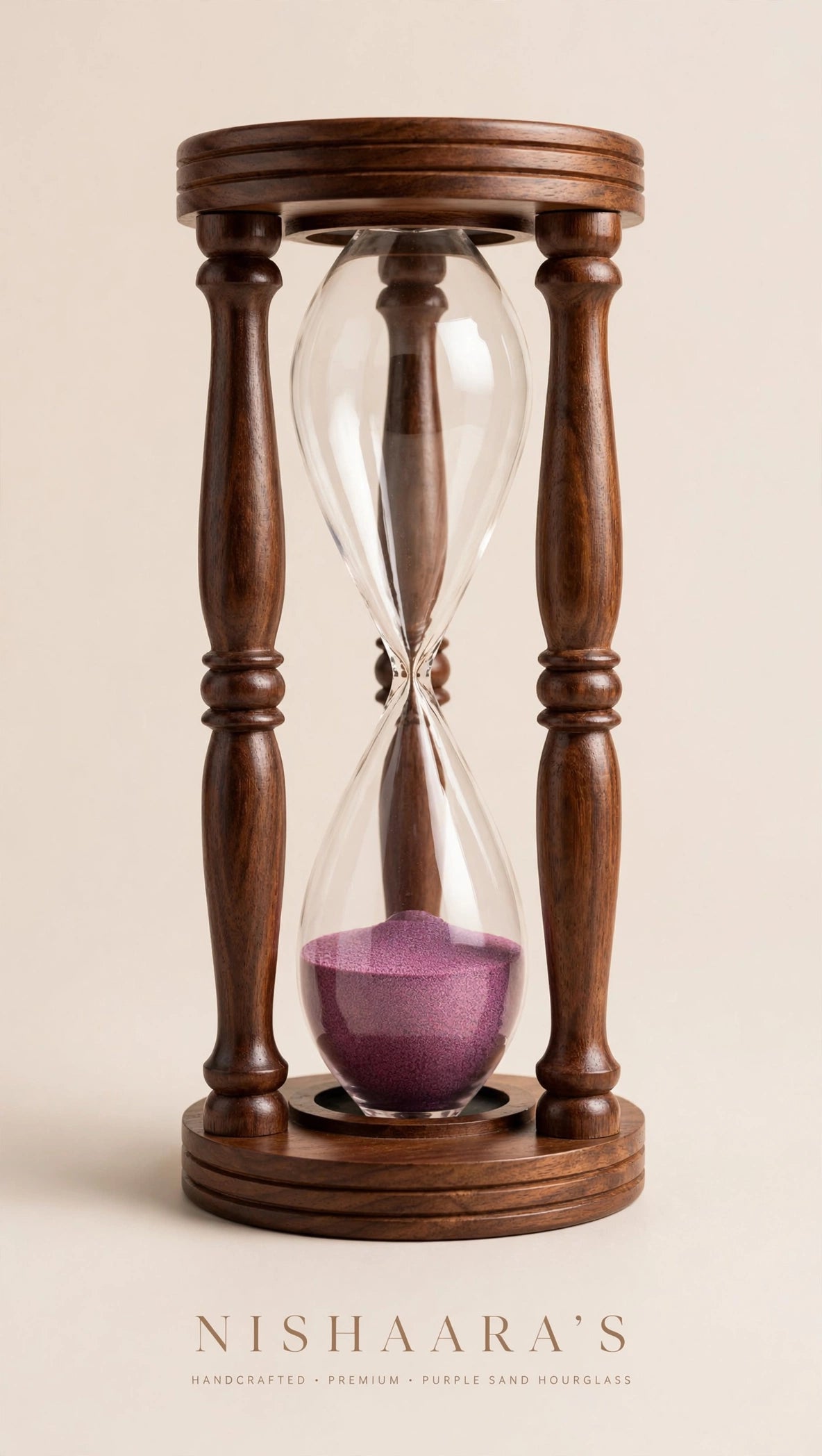 Nishaara’s Royal Hourglass – Turned Sheesham Wood with Amethyst Purple Sand – 10.5 Inch