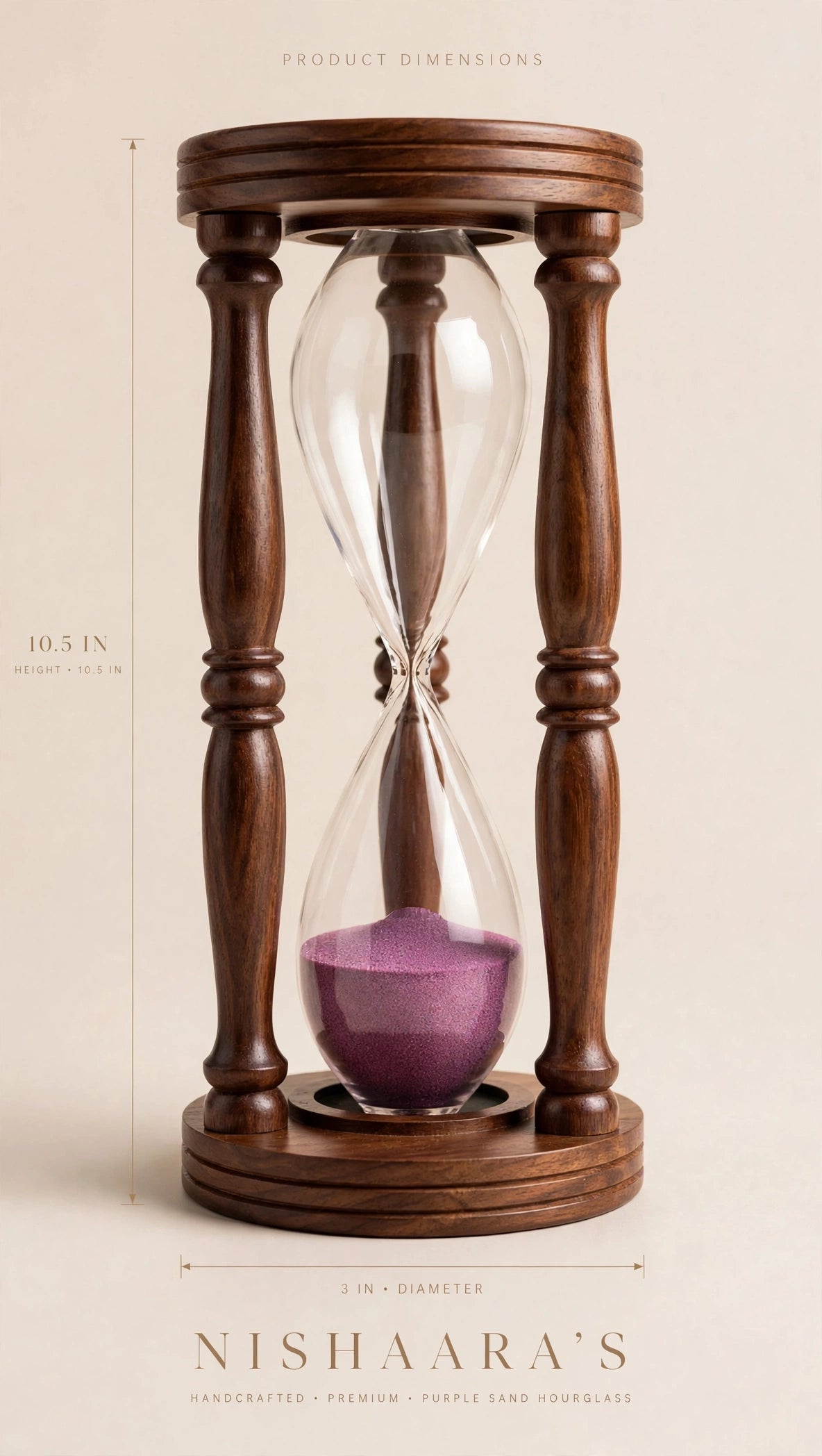 Nishaara’s Royal Hourglass – Turned Sheesham Wood with Amethyst Purple Sand – 10.5 Inch