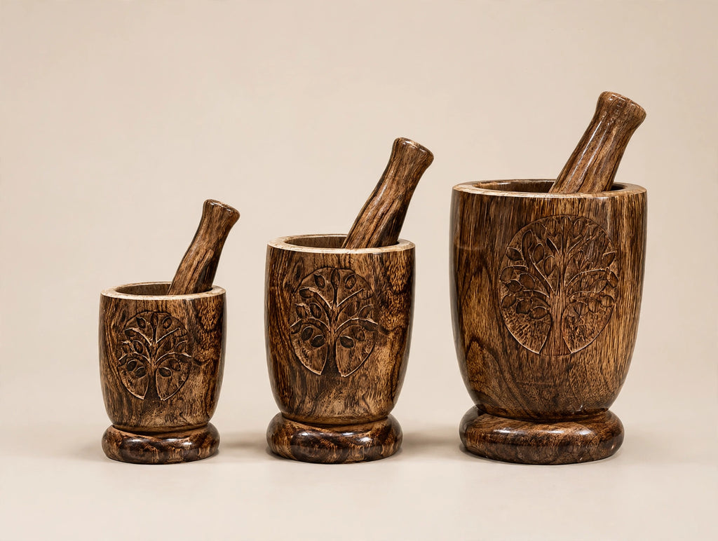 Nishaara's Jeevan Vriksha Hand-Carved Mortar Pestle Set of 3 | Imam Dasta
