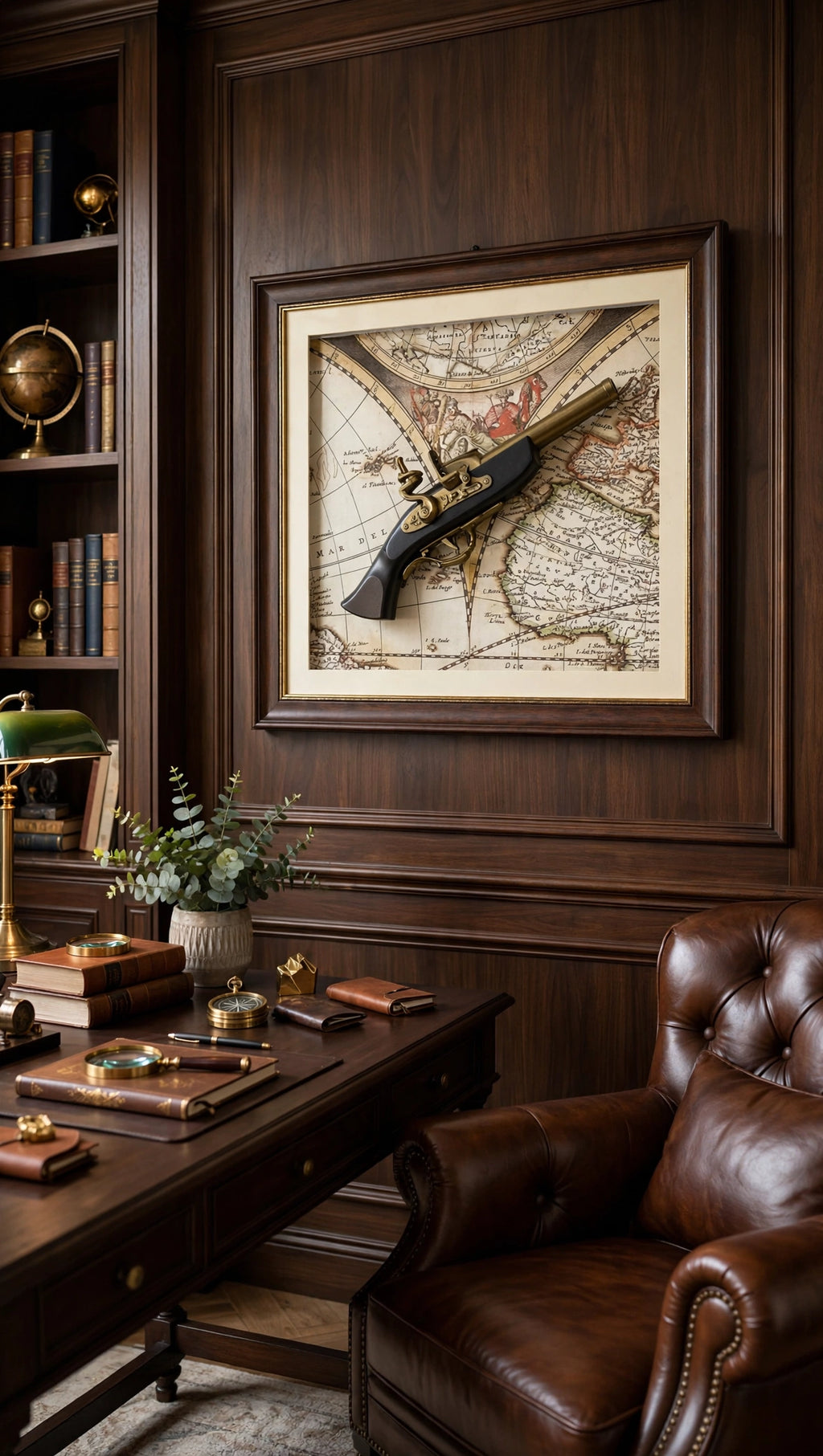 The Explorer’s Legacy – Vintage Map & Flintlock style Antique Pistol Wall Frame