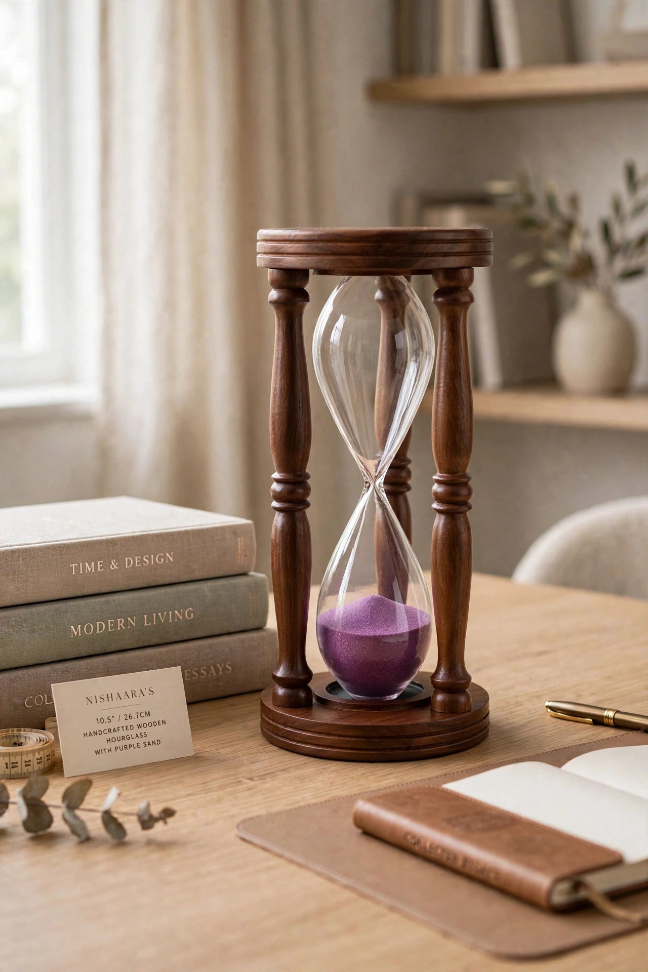 Nishaara’s Royal Hourglass – Turned Sheesham Wood with Amethyst Purple Sand – 10.5 Inch