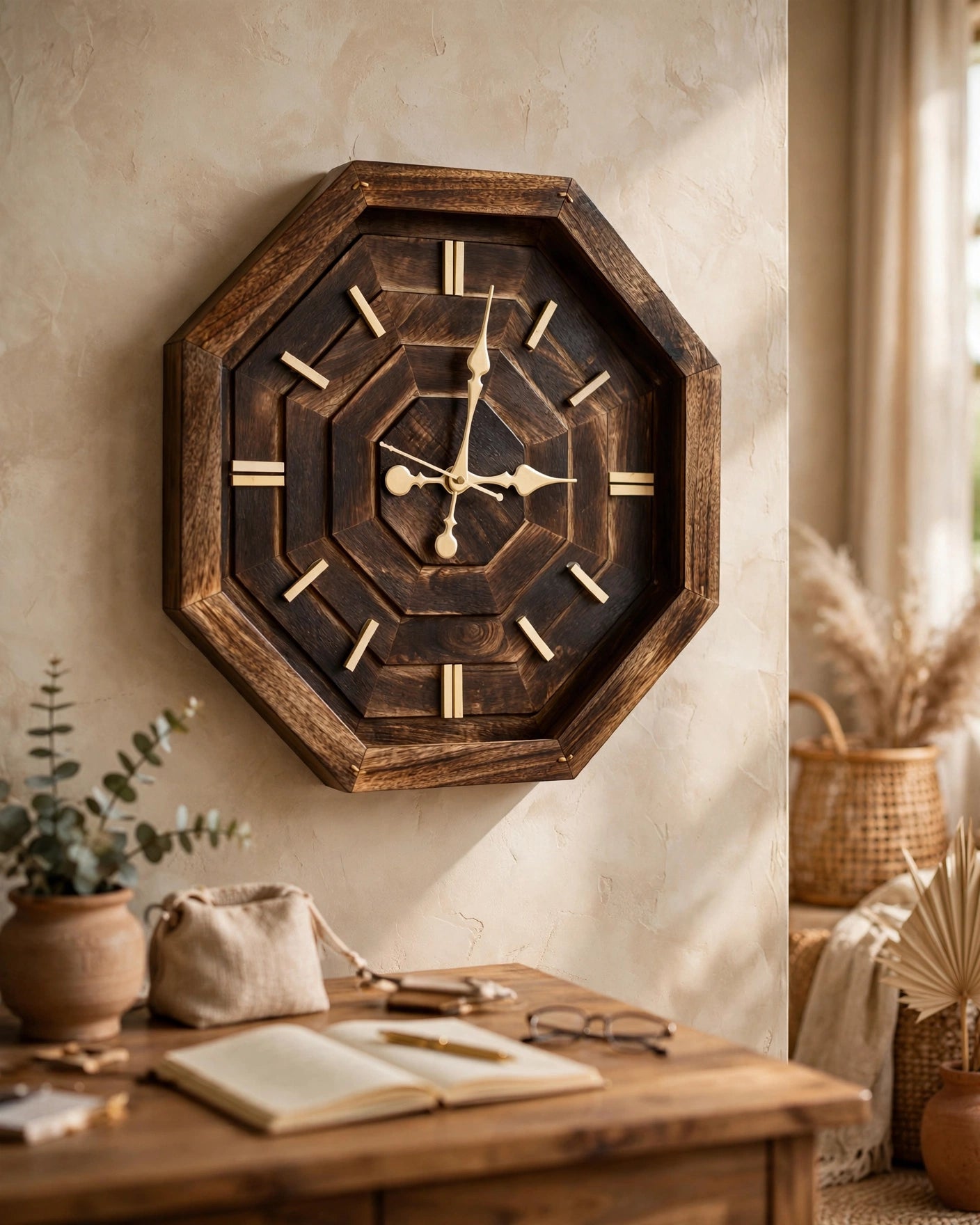 Nishaara's OctaAura – Handcrafted Octagonal Mango Wood Wall Clock