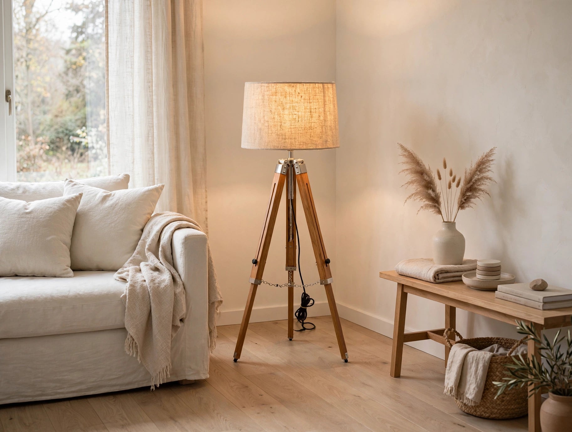 Nishaara’s Minimalist Tripod Floor Lamp with Linen Shade
