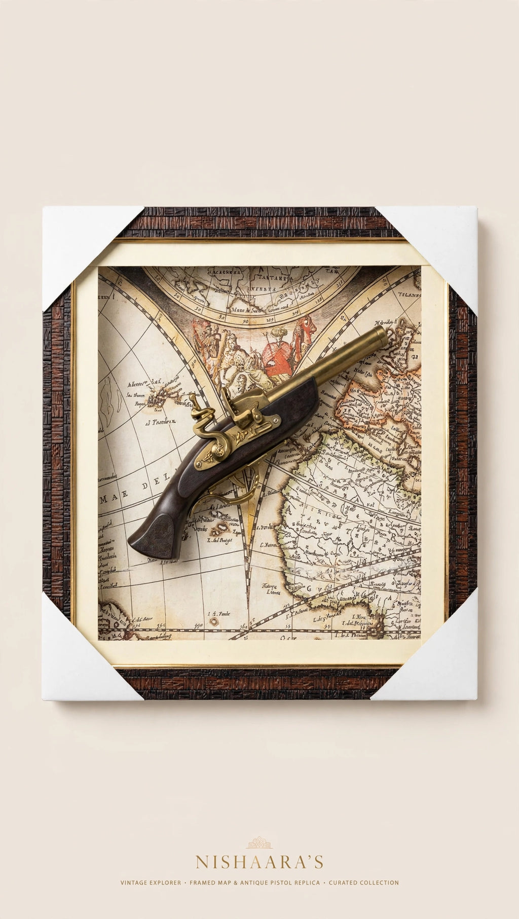The Explorer’s Legacy – Vintage Map & Flintlock style Antique Pistol Wall Frame