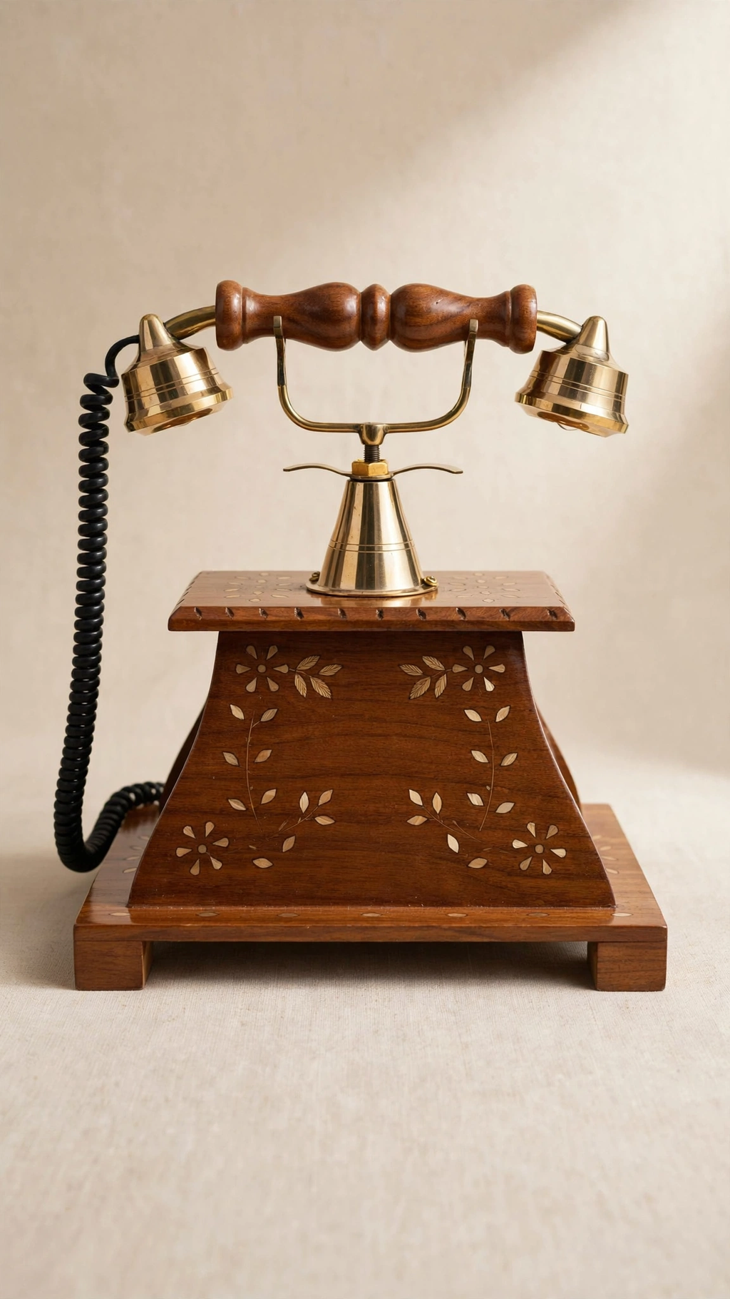Nishaara's Vintage Sheesham Wooden Telephone with Brass Rotary Dial