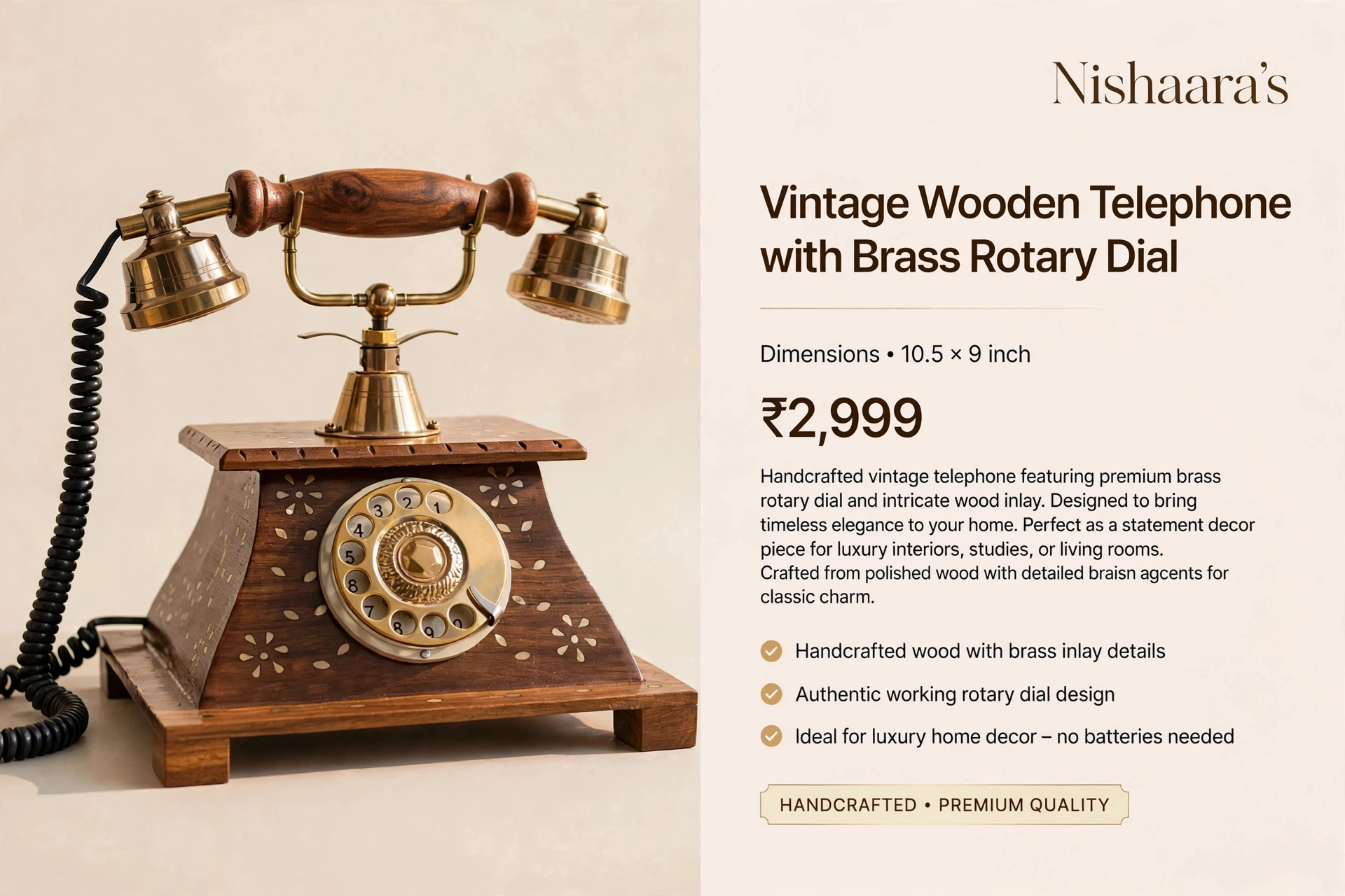 Nishaara's Vintage Sheesham Wooden Telephone with Brass Rotary Dial