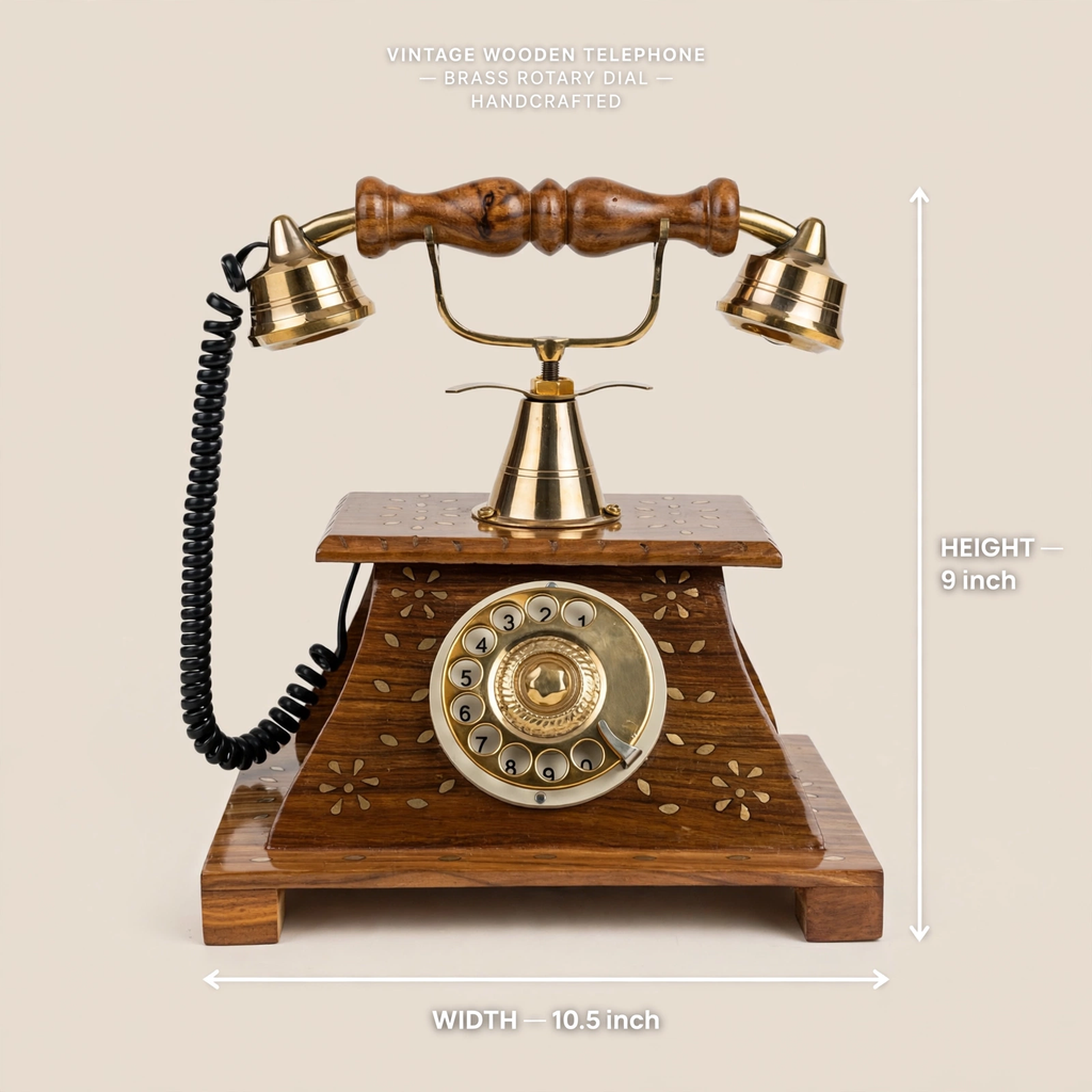 Nishaara's Vintage Sheesham Wooden Telephone with Brass Rotary Dial